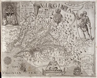 Virginia térképe, John Smith kapitány fedezte fel és írta le, 1606, William Hole (aktív 1607-24) metszete, kiadva 1612