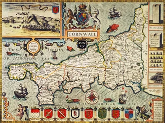 Cornwall térképe a „Theatre of the Empire of Great Britain” című műből, George Humble kiadásában, London, 1627-es kiadás