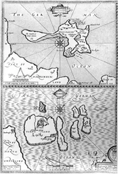 Holy Island és Farne Island, Northumberland térképei, John Speed „The Theatre of the Empire of Great Britaine” című művéből, 1676
