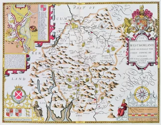 Westmorland megye, Jodocus Hondius (1563-1612) metszete, a John Speeds Theatre of the Empire of Great Britain, kocsma. John Sudbury és George Humble, 1611-12 (kézzel színezett réz engra