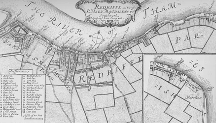 Rotherhithe terve, 1755, 1912. Művészek: Ismeretlen, John Stow.
