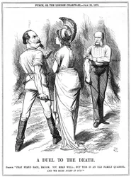 Francia-porosz háború 1870-1871: Britannia megpróbálja visszatartani III. Napóleont, aki háborúba kezdett Németországgal. A francia nyilatkozatot július 19-én kézbesítették Berlinben, a kiáltványt július 23-án. John Tenniel rajzfilm a londoni Punchból, 187