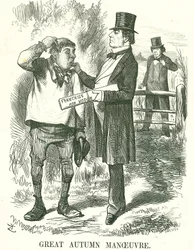 Nagy őszi manőver: Gladstone úgy gondolta, hogy végül a mezőgazdasági munkásokra kell szavazni (Hodge). Ebben az időben a miniszterelnöksége ingatag volt, és Disraeli arra vár, hogy átvegye a helyét. John Tenniel rajzfilm a londoni Punchból, 1873. augusztu