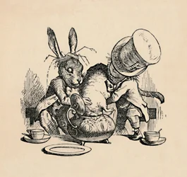 Az őrült kalapos és a márciusi nyúl megpróbálja a Dormouse-t egy teáskannába tenni, 1889