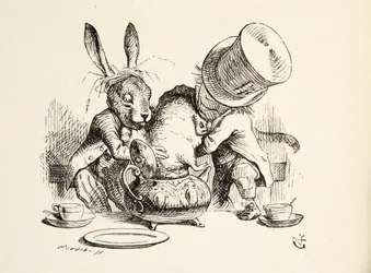 Az Őrült Kalapos és a Márciusi Nyúl a teáskannába teszi a Mormotát, Lewis Carroll (1832-98) „Alice kalandjai Csodaországban” című művéből, 1891-ben megjelent