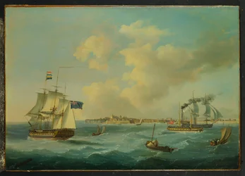 Egy 44 ágyús fregatt, egy utasszállító gőzhajó és egyéb szállítmányok St.Peter Port, Guernsey, 1825