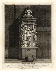 Egy furcsa szivattyú a Leathersellers’ Hall udvarán, a Bishopsgate Streeten, Londonban