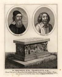 Idősebb és fiatalabb John Tradescant természettudósok és gyűjtők ovális portréi és síremlékük a St Mary Lambeth templomkertben