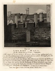 Az ősi londoni fal része a St Giles templomkertben, Cripplegate, London