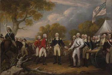 A saratogai csata: John Burgoyne brit tábornok megadja magát Horatio Gates amerikai tábornoknak, 1777. október 17., kb. 1822-32