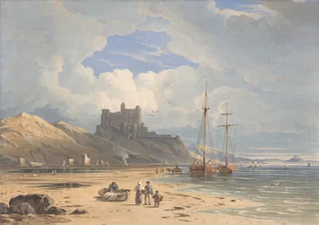Bamborough-kastély északkeletről, a Szent-szigettel a távolban, Northumberland, 1827.