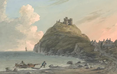 A Criccieth-kastély romjai és a város egy része a Cardigan-öbölnél. East View, Caernarfonshire