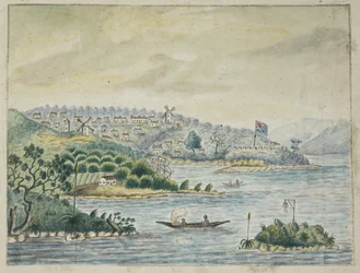 Hozzáadás. 13880, f.79 Egy brit gyarmat képe. Az előtérben bennszülöttek kenuban, a Minerva transzport fedélzetén tartott Journalból Írországból Új-Dél-Walesbe és Bengáliába, John Washington Price