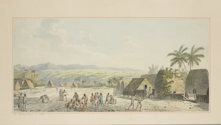 19: Egy szárazföldi kilátás az Atooiról, Cook kapitány utolsó, 1773-84 körüli utazását illusztráló akvarellsorozatból