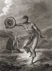 Tetovált táncosnő hagyományos viseletben, Hawaii, 1778