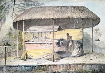 Temetés az elhunyttal a lombkorona alatt, Tahiti, Society Islands, John Webber (1750-1793) akvarellje James Cook kapitány utolsó utazásának (1776-1779), polinéziai leírásából