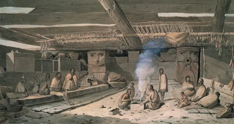 A Nootka indián ház belseje, John Webber, rajz