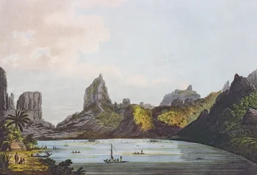 Kilátás Taloo kikötőjére Eimeo szigetén, a "Kilátások a déli tengeren" pubból. 1789 (rézkarc)