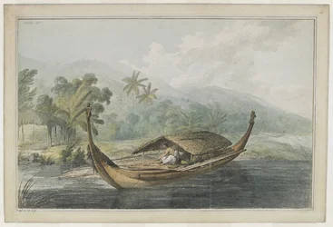 [Whole drawing] A canoe of Ulietea [Raiatea]. A man, with native baskets, sits on the planks of an outrigger 