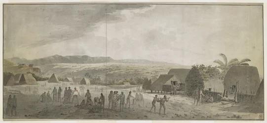 [A teljes rajz] Rajz Cook kapitány Waimea falujában tett látogatásáról, Atooi [Kauai], 1778. január. Egyes férfiak hordókat sodornak, mások hawaiiakkal csereberélnek. Jobb oldalon két bennszülött, akik egy póznára feszített disznót cipelnek. Mögöttük benns