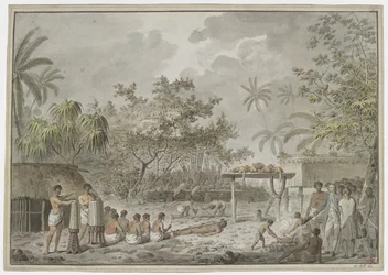 [Teljes rajz] Emberáldozat a Tahiti állambeli Attahouroo [Utuaimahurau] nagy morájánál, Cook kapitány szemtanúja volt 1777. szeptember 1-jén. Egy megkötözött alak az előtérben, mögötte férfiak ásnak lyukat a test számára, a mittában pedig két kutya van és 