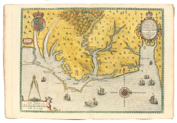 Virginia térképe Sir Walter Raleigh expedíciójának érkezését mutatja 1585-ben, 1590-ben