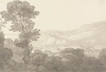 Kilátás egy erdőből, kilátással a folyóra és a dombokra Teignmouthban, Devonban