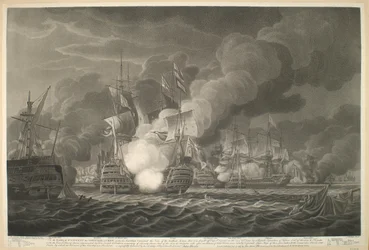 A S.T VINCENT FŐNÖKNEK a TISZTEK  TÁRSASÁGNAK, Őlordsága Parancsnoksága alatt ez a nézet a vitézi akcióról, amelyet 1797. február 14-én a Szent Vincent-foknál vívott egy tizenöt hajóból és fregattból álló brit hajóraj / a Nagy F