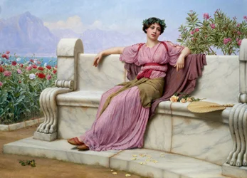 "Nyugalom" Egy fiatal nő antik divat szerint öltözött, márványpadon ül egy kertben, álmodozó tekintettel. John William Godward (1861-1922) festménye.