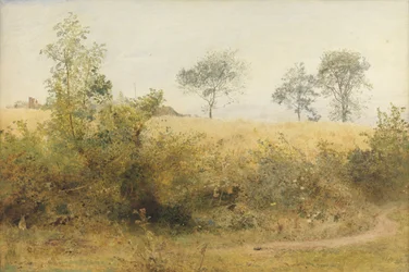 A denevér szédítő szárnysal kezdődik – Árpatábla a sövény fölött, 1885 (wc és ceruza kikarcolással a papíron)