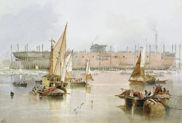 A "Great Eastern" transzatlanti járat 1857-ben, az építés befejezése előtt, Millwallban, a Temzén (Anglia).