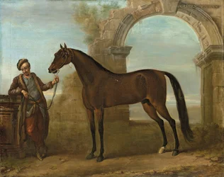 A Godolphin Arabien, egy vőlegény kezében, egy romos ívű tájon, 1731