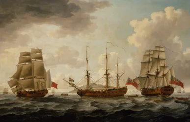 H.M.S. Tyrall három pozícióban Antigua mellett
