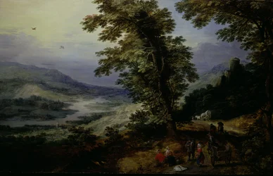 Hegyi út utazókkal, 1610-25 körül (olaj, bölcsős tábla)