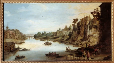 Kilátás a Tiberisre (Tevere) Rómában Bal oldalon egy ház cölöpökön. Josse Momper II festménye (1564-1635)