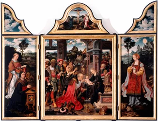 A három király imádásának triptichonja. Joos van Cleve, az ifjabb (1485-1540) fatáblára festett képe, 1515. Méretek: 260x200 cm. Genova, San Donato-templom