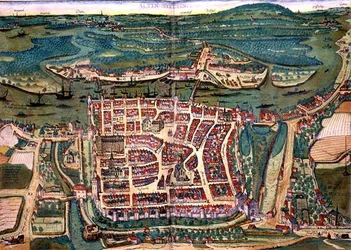 Altenstadt térképe, Georg Braun (1541-1622) és Frans Hogenberg (1535-90) „Civitates Orbis Terrarum” című művéből, 1572-1617 körül (színes metszet)