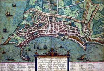 Ancona térképe, Georg Braun (1541-1622) és Frans Hogenburg (1535-90) „Civitates Orbis Terrarum” című művéből, 1572 körül (színes metszet)