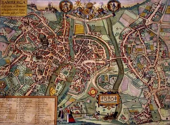 Bamberg térképe, Georg Braun (1541-1622) és Frans Hogenberg (1535-90) "Civitates Orbis Terrarum" című művéből, 1572-1617 körül (színes metszet).