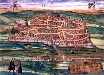 Blois térképe, Georg Braun (1541-1622) és Frans Hogenberg (1535-90) "Civitates Orbis Terrarum" című művéből, 1572 körül (színes metszet).