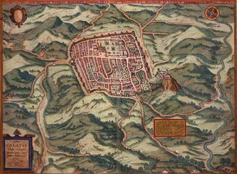 Caiazzo térképe, Georg Braun (1541-1622) és Frans Hogenberg (1535-90) „Civitates Orbis Terrarum” című művéből, 1597 (színes metszet)