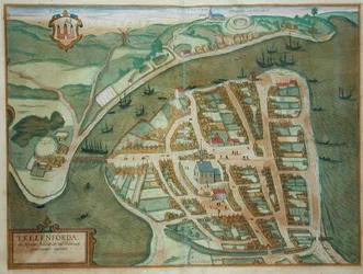 Ekelenforde térképe, Georg Braun (1541-1622) és Frans Hogenburg (1535-90) „Civitates Orbis Terrarum” című művéből, 1572 körül (színes metszet)