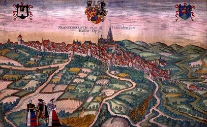 Frankenburg térképe, Georg Braun (1541-1622) és Frans Hogenberg (1535-90) 1572-1617 körüli „Civitates Orbis Terrarum” című művéből (színes metszet)