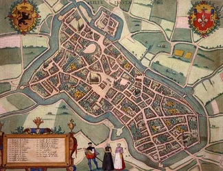 Lille térképe, Georg Braun (1541-1622) és Frans Hogenberg (1535-90) "Civitates Orbis Terrarum" című művéből, 1572-1617 körül (színes metszet).