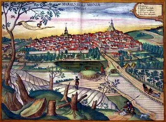 Marienburg térképe, Georg Braun (1541-1622) és Frans Hogenberg (1535-90) „Civitates Orbis Terrarum” című művéből, 1572 körül (színes metszet)