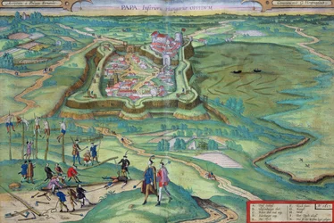 Pápa térképe, Georg Braun (1541-1622) és Frans Hogenberg (1535-90) „Civitates Orbis Terrarum” című művéből, 1617 (színes metszet)