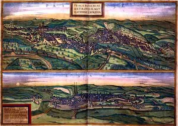Prága térképe és a tojás, Georg Braun (1541-1622) és Frans Hogenberg (1535-90) „Civitates Orbis Terrarum” című művéből, 1572 körül (színes metszet)