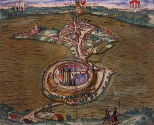 Ratzeburg térképe, Georg Braun (1541-1622) és Frans Hogenberg (1535-90) "Civitates Orbis Terrarum" című művéből 1588 (színes metszet).