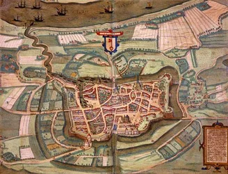 Stade térképe, Georg Braun (1541-1622) és Frans Hogenberg (1535-90) „Civitates Orbis Terrarum” című művéből, 1572-1617 körül (színes metszet)