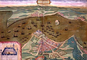 Sund térképe, Georg Braun (1541-1622) és Frans Hogenberg (1535-90) "Civitates Orbis Terrarum" című művéből, 1572-1617 körül (színes metszet).